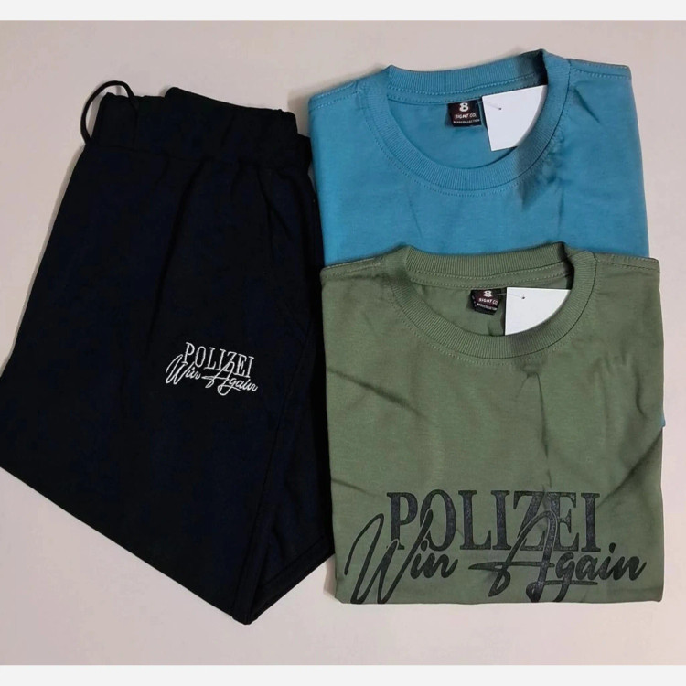ست تیشرت پنبه یک رو و شلوارک دورس پسرانه طرح polizei رنگ آبی و سبز سایز 65 و 70